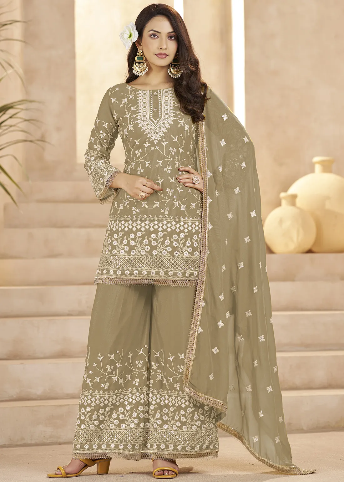 Beige Georgette Palazzo Suit with Embroidery Work Beige Georgette Palazzo Suit with Embroidery Work