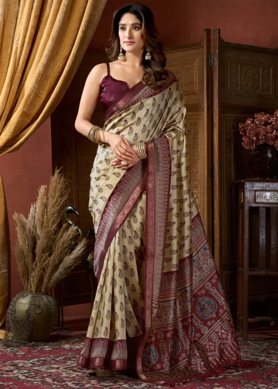 Beige & Maroon Ajrakh Printed Satin Crepe Saree
