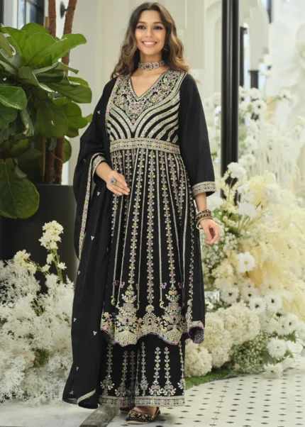 Black Embroidered Palazzo Suit with Mirror Work