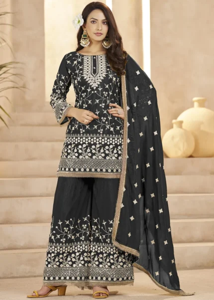 Black Georgette Palazzo Suit with Embroidery