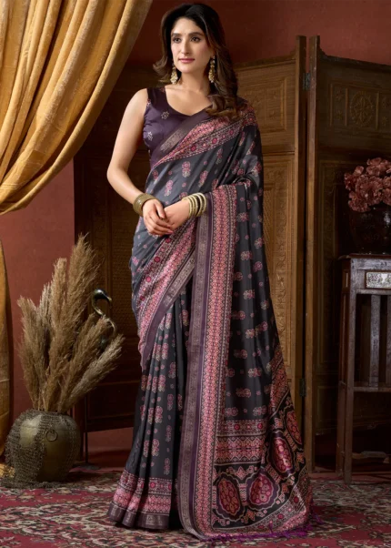 Black & Wine Ajrakh Printed Satin Crepe Saree