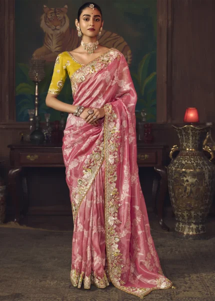 Blush Pink Kanjivaram Silk Saree with Yellow Blouse