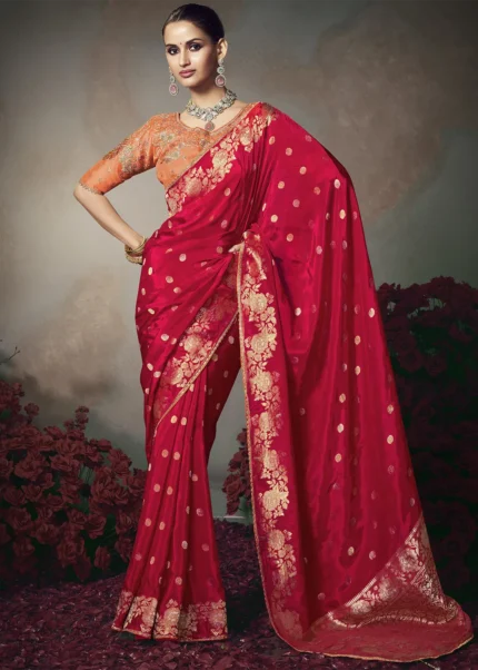 Bridal Red Banarasi Saree with Orange Embroidered Blouse