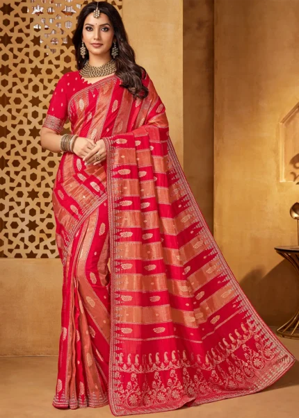 Bridal Red Banarasi Silk Saree with Stone Work