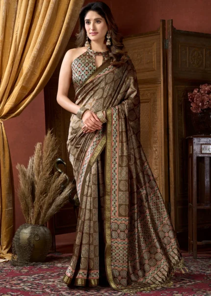 Brown & Olive Ajrakh Printed Satin Crepe Saree