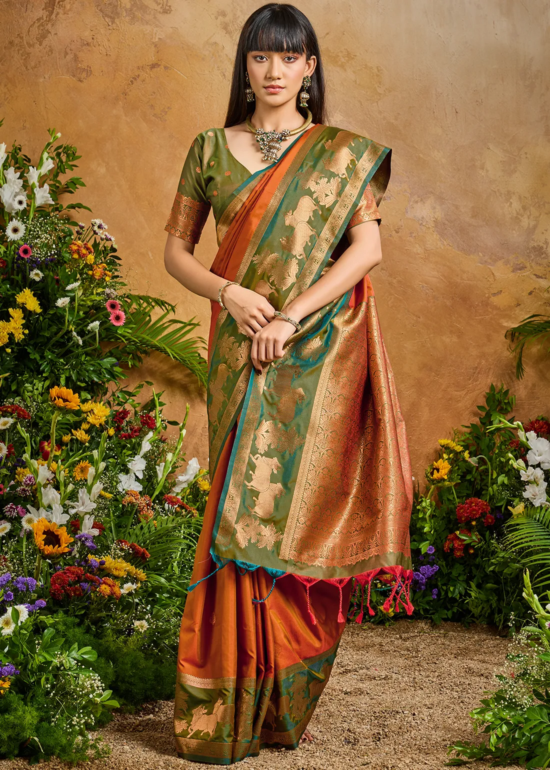Burnt Orange Banarasi Saree with Olive Green Blouse Burnt Orange Banarasi Saree with Olive Green Blouse