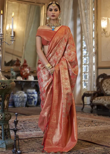 Coral Orange Kanjivaram Silk Saree with Zari Weaving