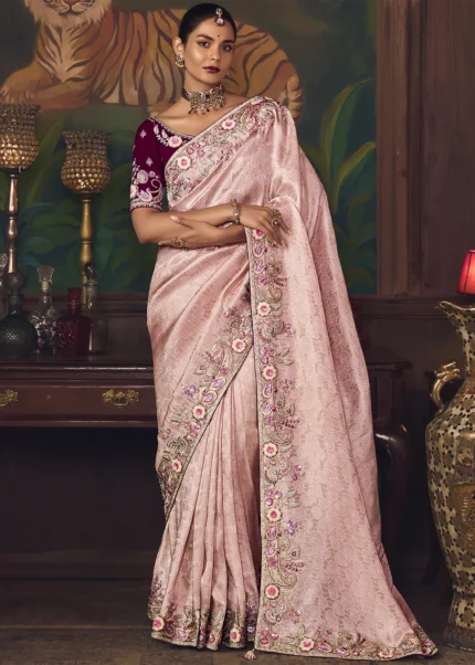 Embroidered Baby Pink Kanjivaram Silk Saree