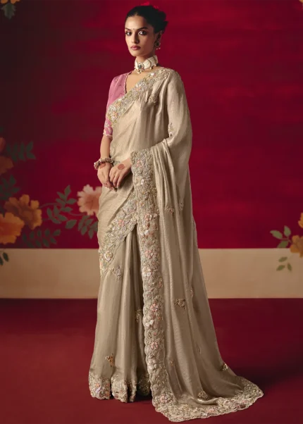 Embroidered Beige Tissue Silk Saree with Pink Blouse