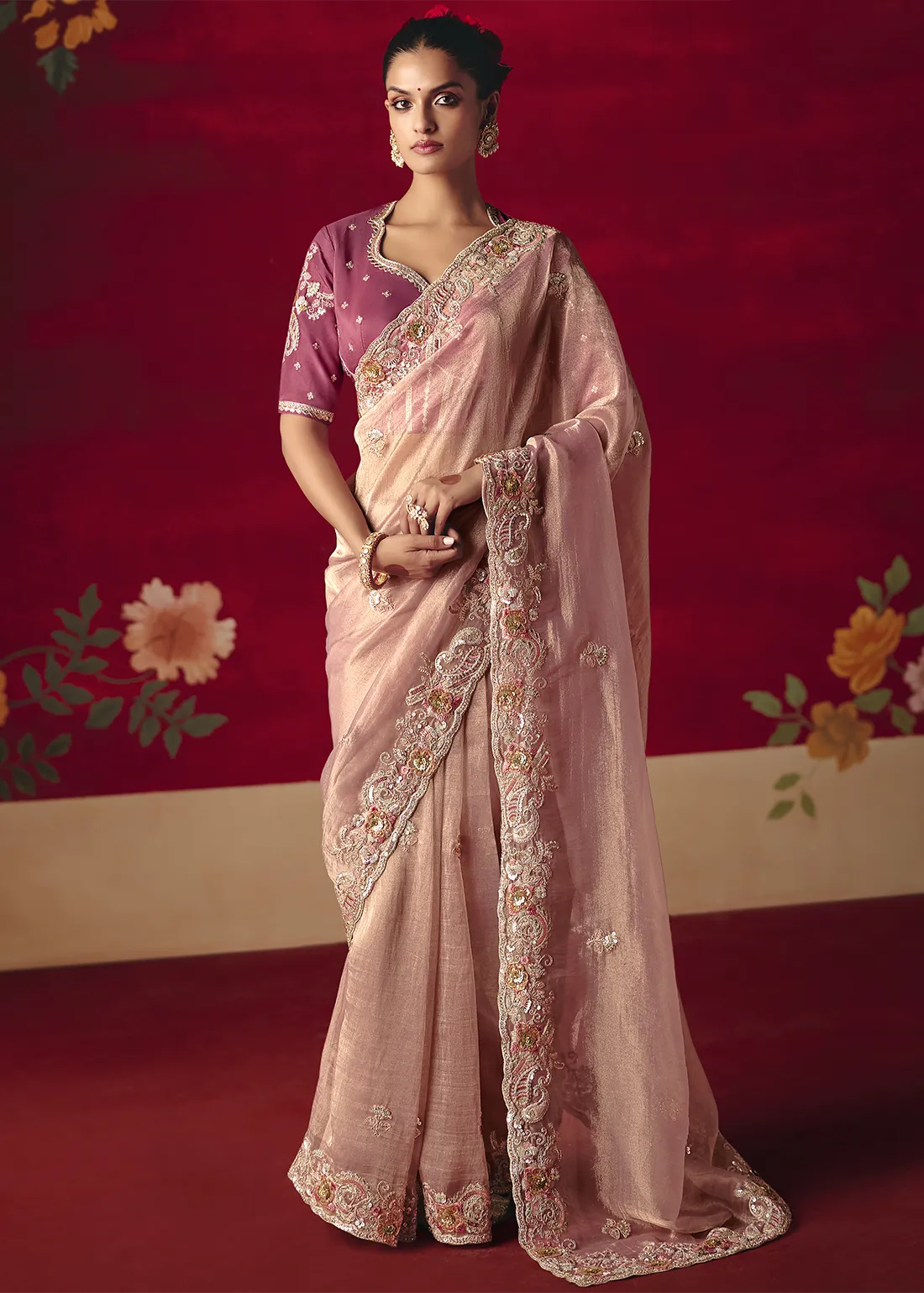 Embroidered Blush Pink Tissue Silk Saree Embroidered Blush Pink Tissue Silk Saree