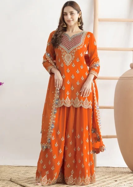 Embroidered Coral Orange Chinon Sharara Suit
