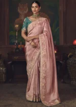 Embroidered Flamingo Pink Kanjivaram Silk Saree