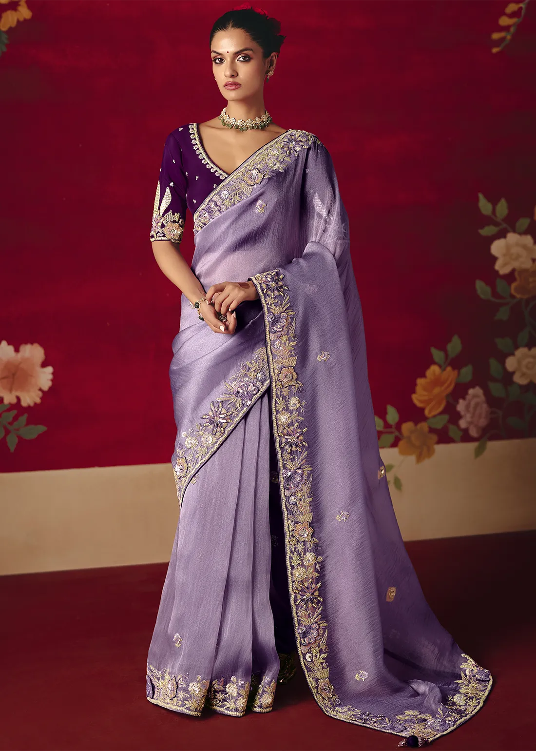 Embroidered Lavender Tissue Silk Saree with Purple Blouse Embroidered Lavender Tissue Silk Saree with Purple Blouse