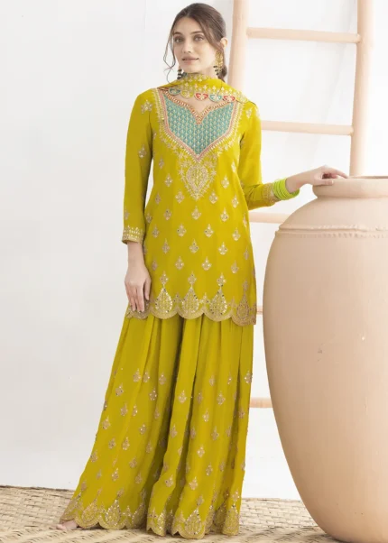Embroidered Lime Green Chinon Sharara Suit