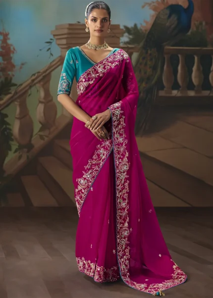 Embroidered Magenta Chiffon Saree with Teal Blouse