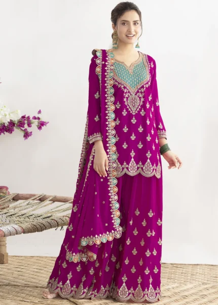 Embroidered Magenta Chinon Sharara Suit