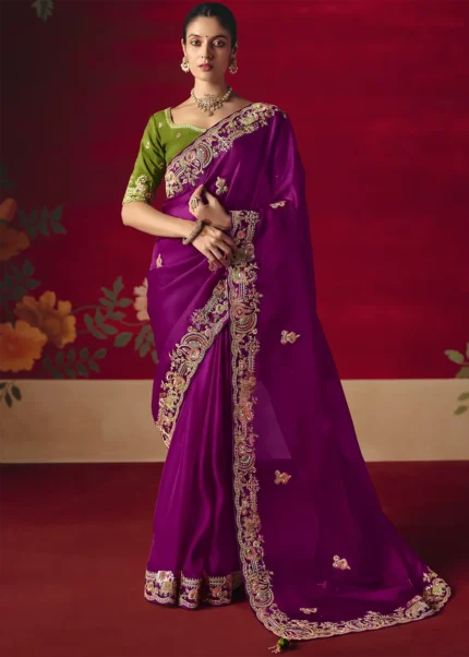 Embroidered Magenta Tissue Silk Saree with Olive Blouse