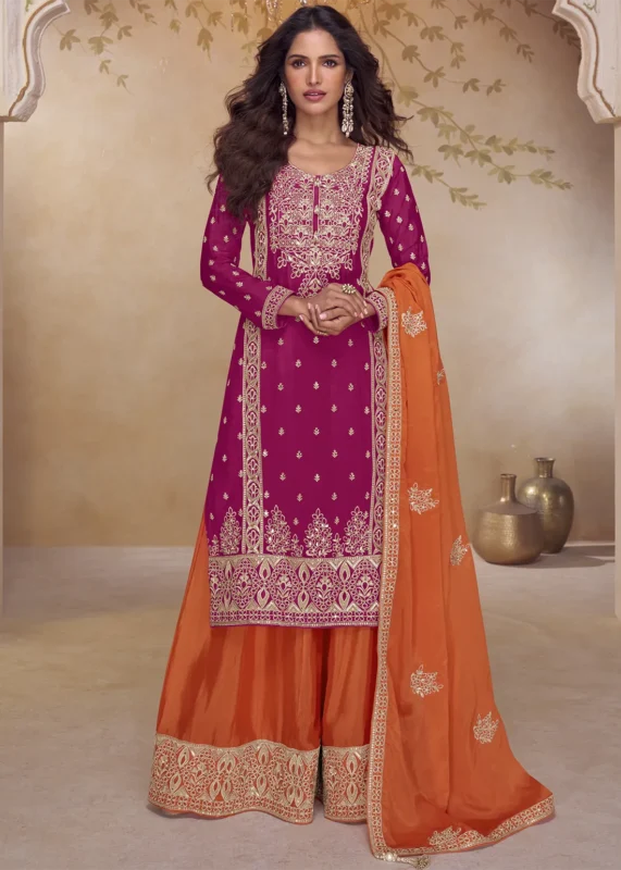 Embroidered Magenta and Coral Orange Chinon Sharara Suit