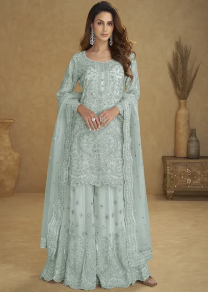 Embroidered Mint Green Net Sharara Suit with Stone & Mirror Work