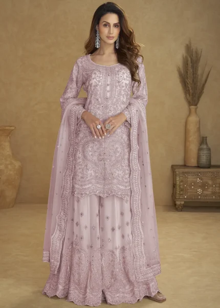 Embroidered Pink Net Sharara Suit with Stone & Mirror Work