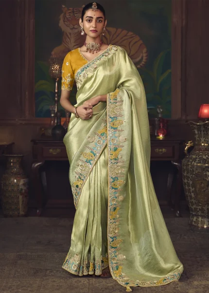 Embroidered Pista Green Kanjivaram Silk Saree