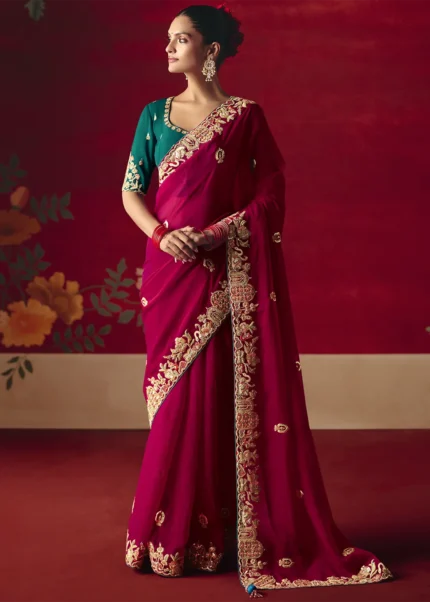 Embroidered Raspberry Red Tissue Silk Saree with Teal Blouse