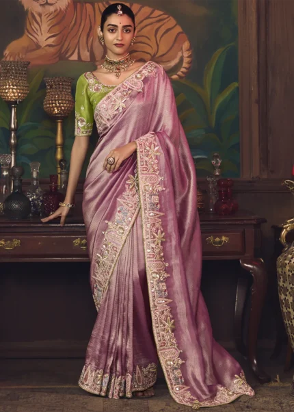 Embroidered Rose Pink Kanjivaram Silk Saree