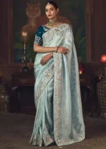 Embroidered Sky Blue Kanjivaram Silk Saree