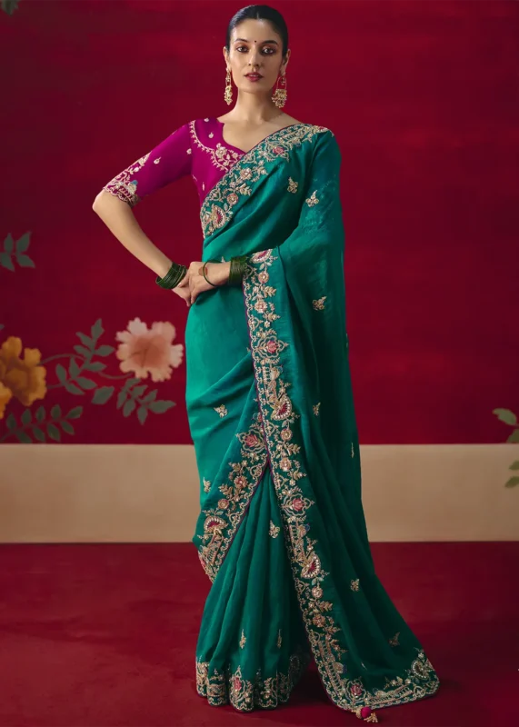 Embroidered Teal Tissue Silk Saree with Magenta Blouse