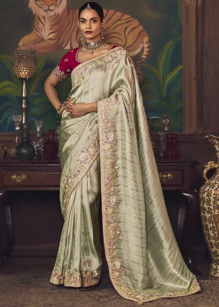Grey Kanjivaram Silk Saree with Maroon Blouse