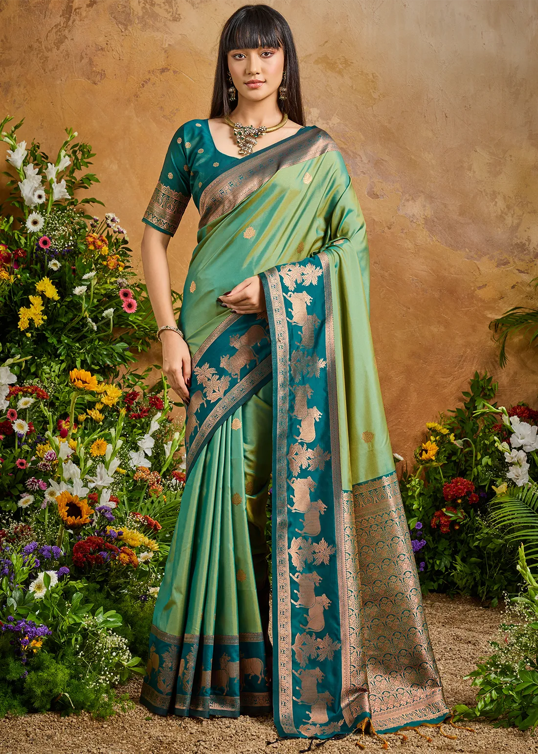 Lime Green Banarasi Saree with Emerald Green Blouse Lime Green Banarasi Saree with Emerald Green Blouse