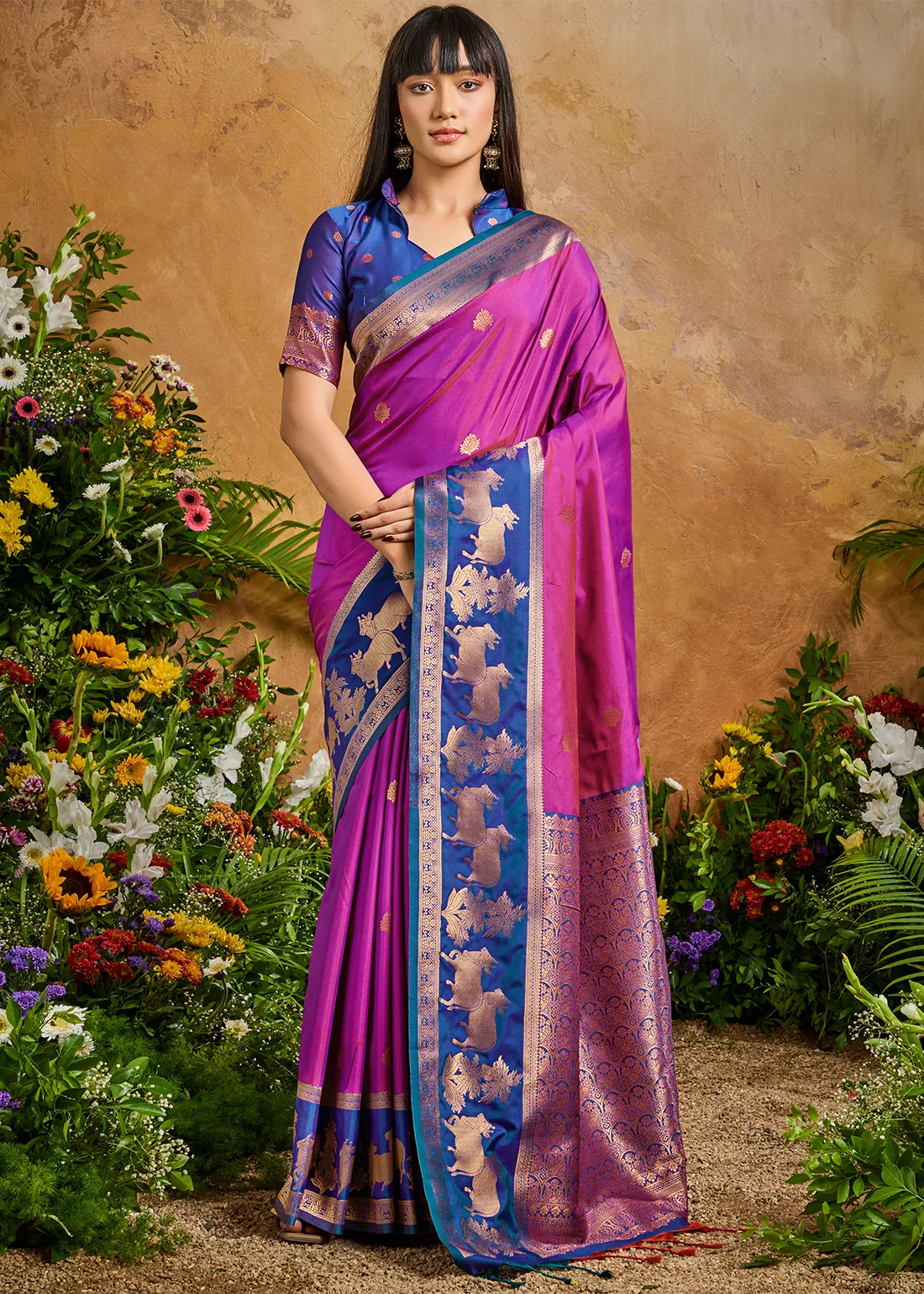 Magenta Banarasi Saree with Blue Blouse Magenta Banarasi Saree with Blue Blouse