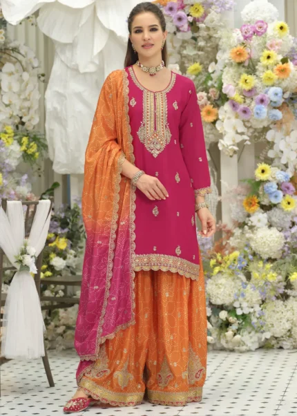 Magenta & Orange Embroidered Chinon Sharara Suit