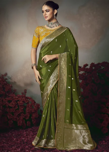 Mehendi Green Banarasi Saree with Yellow Embroidered Blouse
