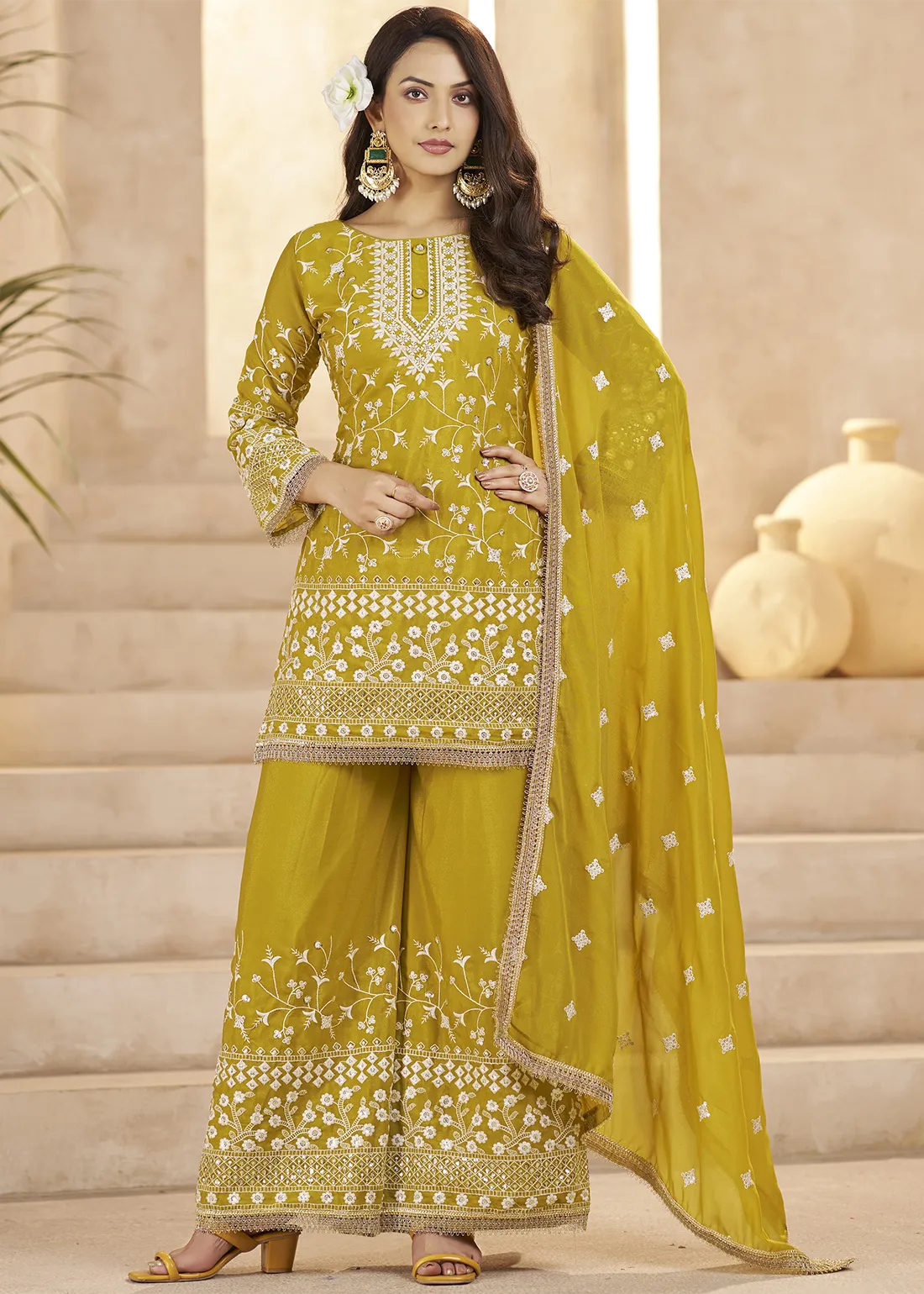 Mustard Yellow Georgette Palazzo Suit with Embroidery Mustard Yellow Georgette Palazzo Suit with Embroidery