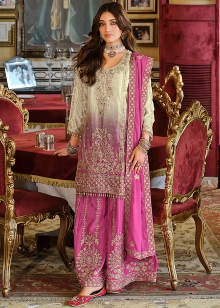 Ombré Pink Chinon Silk Sharara Suit with Embroidery