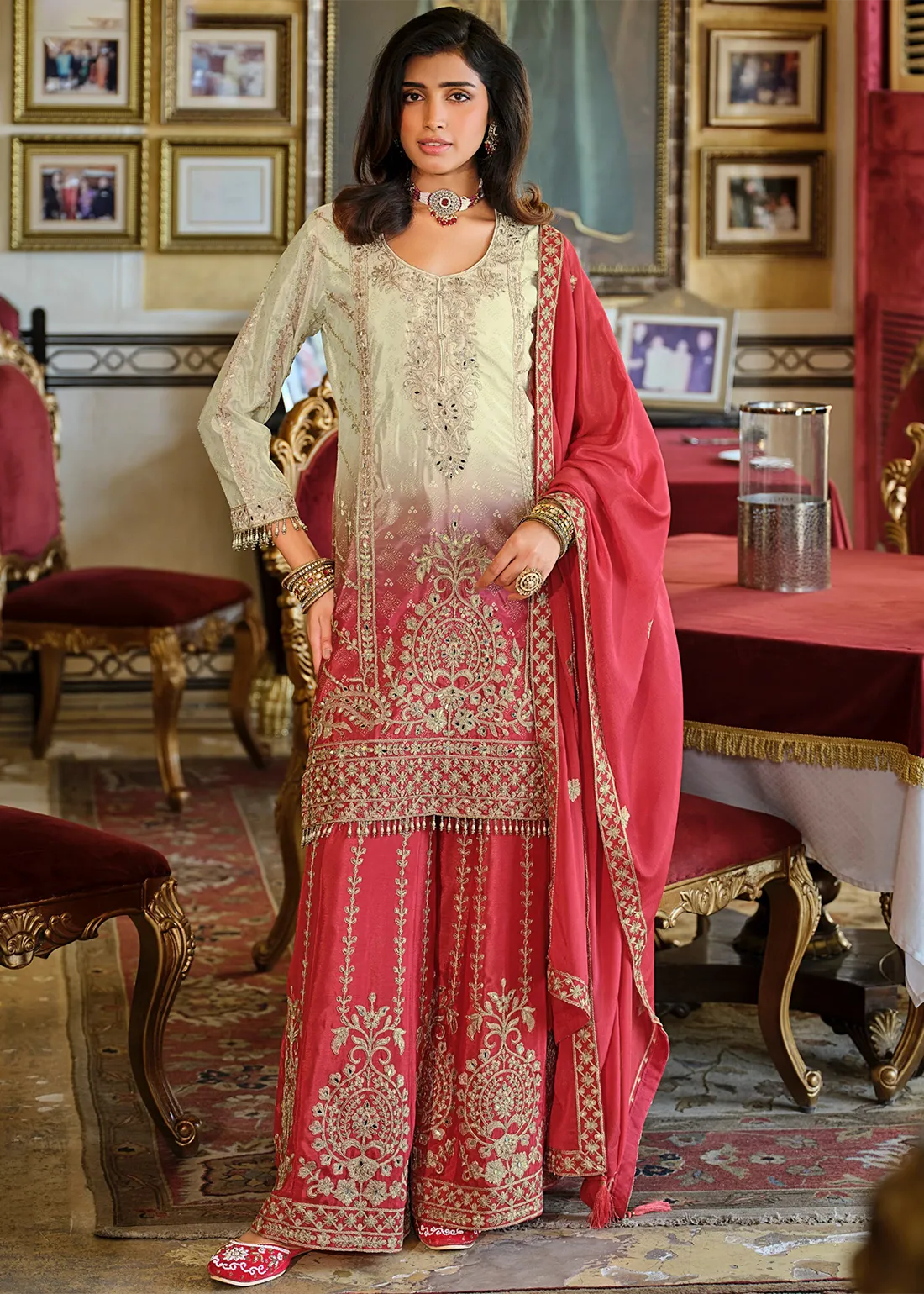 Ombré Red Chinon Silk Sharara Suit with Embroidery Ombré Red Chinon Silk Sharara Suit with Embroidery