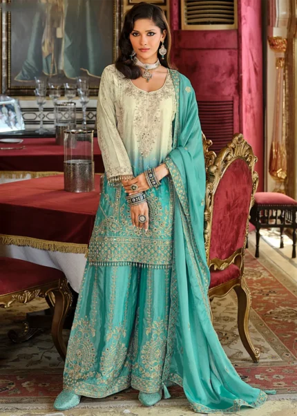 Ombré Teal Chinon Silk Sharara Suit with Embroidery