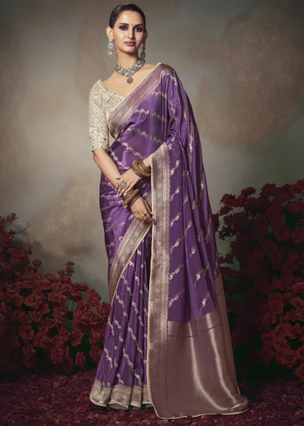 Orchid Purple Banarasi Saree with Cream Embroidered Blouse