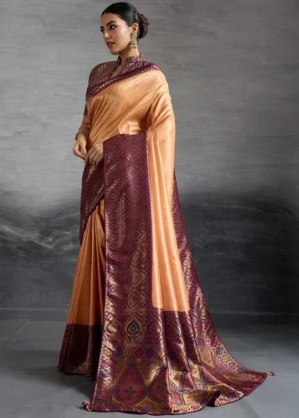 Pale Orange Kanjivaram Silk Saree with Meenakari