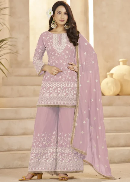 Pink Georgette Palazzo Suit with Embroidery