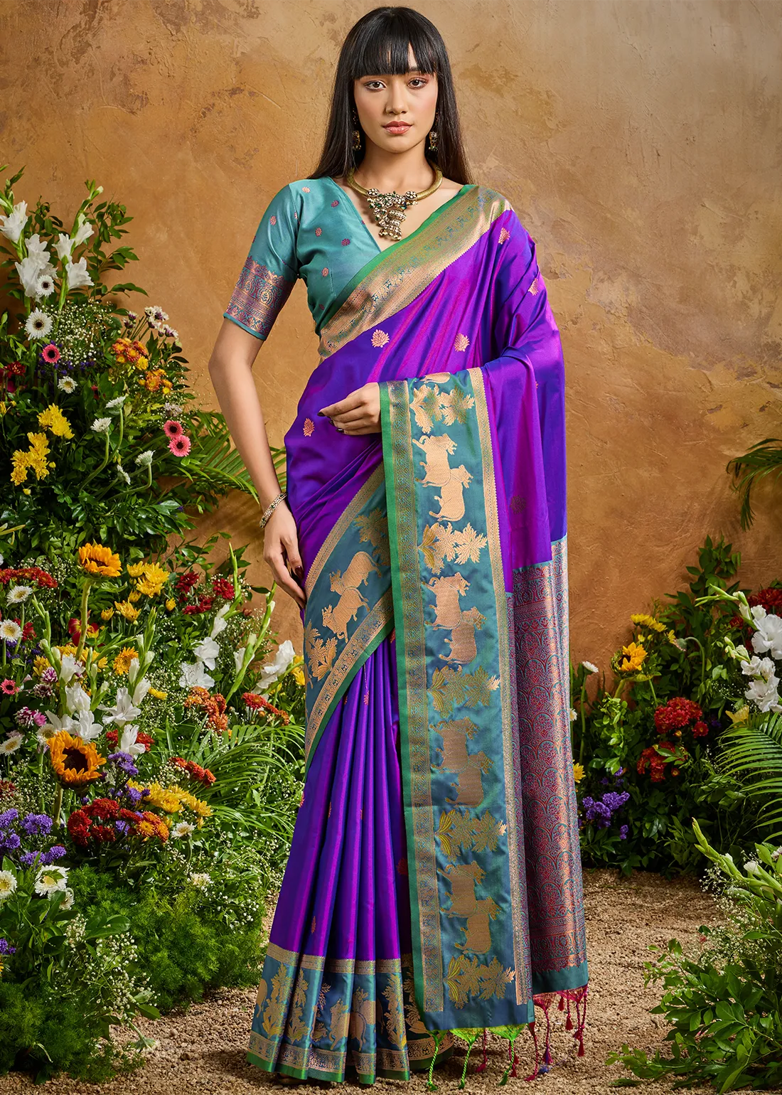Purple Banarasi Saree with Teal Blouse Purple Banarasi Saree with Teal Blouse