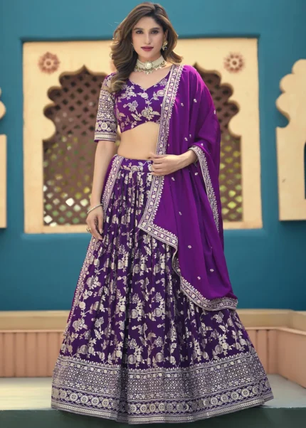 Purple Dola Silk Banarasi Lehenga with Embroidery