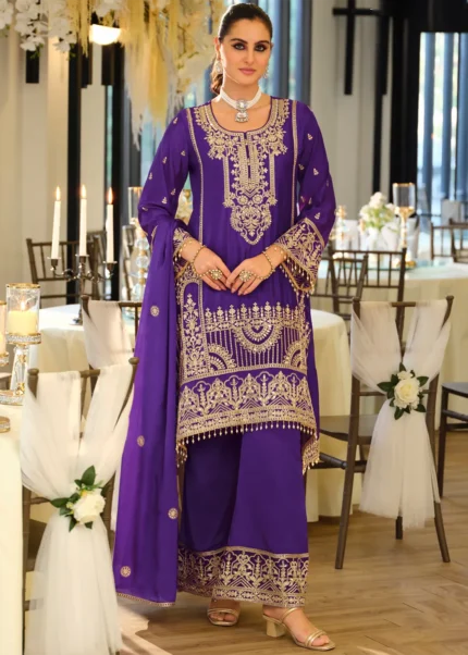 Purple Embroidered Chinon Palazzo Suit with Mirror Work