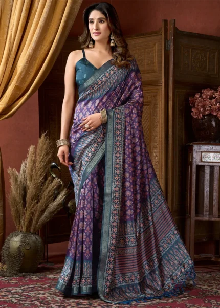 Purple & Teal Ajrakh Printed Satin Crepe Saree
