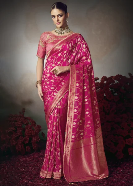 Rani Pink Banarasi Saree with Pink Embroidered Blouse