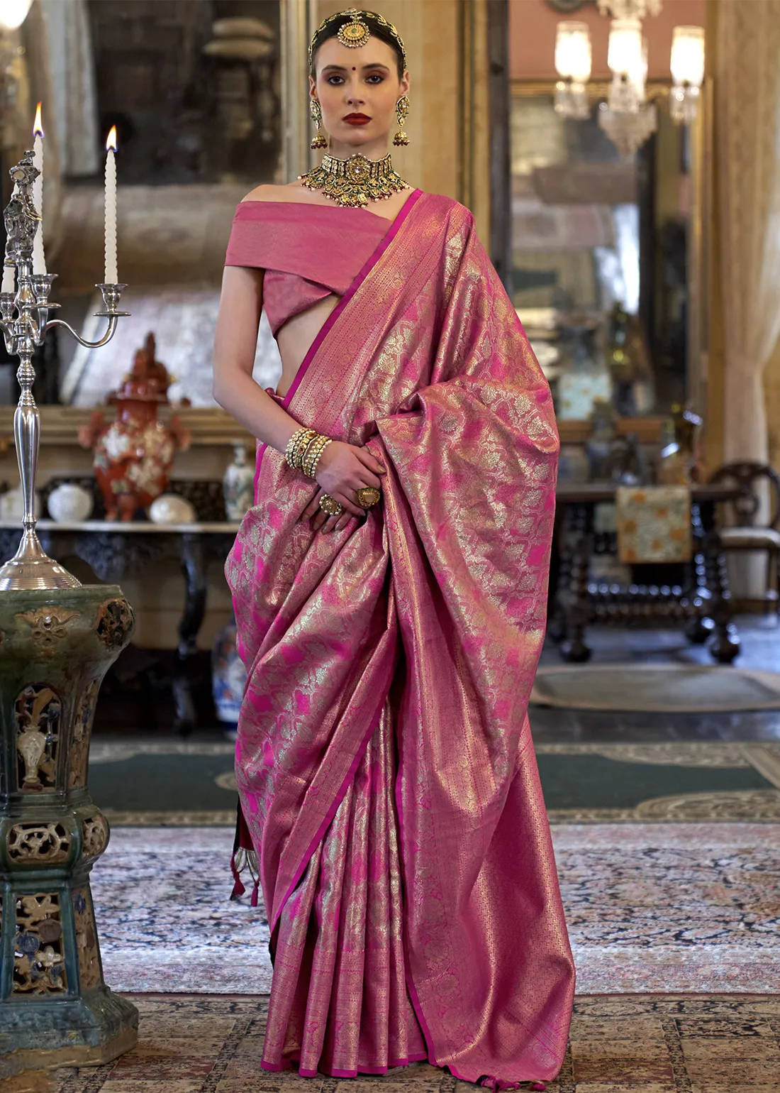 Rani Pink Kanjivaram Silk Saree with Zari Weaving Rani Pink Kanjivaram Silk Saree with Zari Weaving