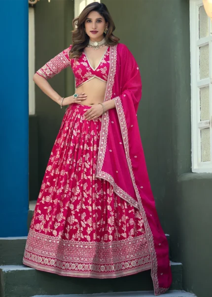 Raspberry Pink Dola Silk Banarasi Lehenga with Embroidery