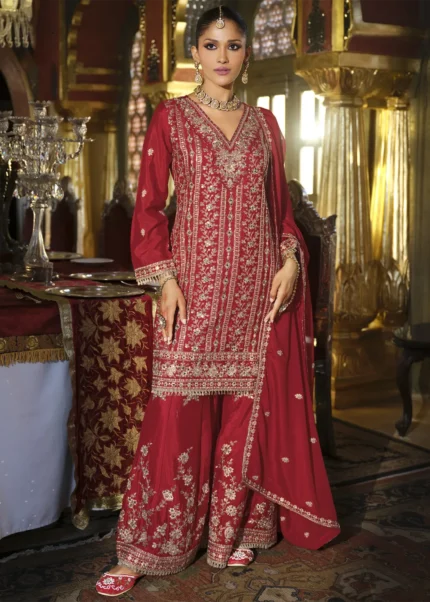 Red Chinon Silk Sharara Suit