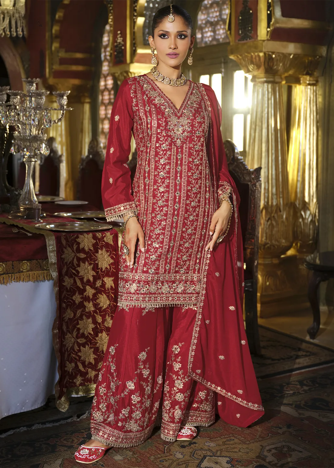 Red Chinon Silk Sharara Suit Red Chinon Silk Sharara Suit